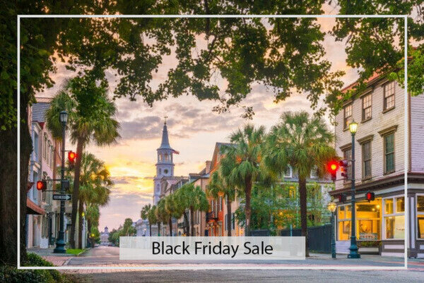 a street with palm trees and buildings