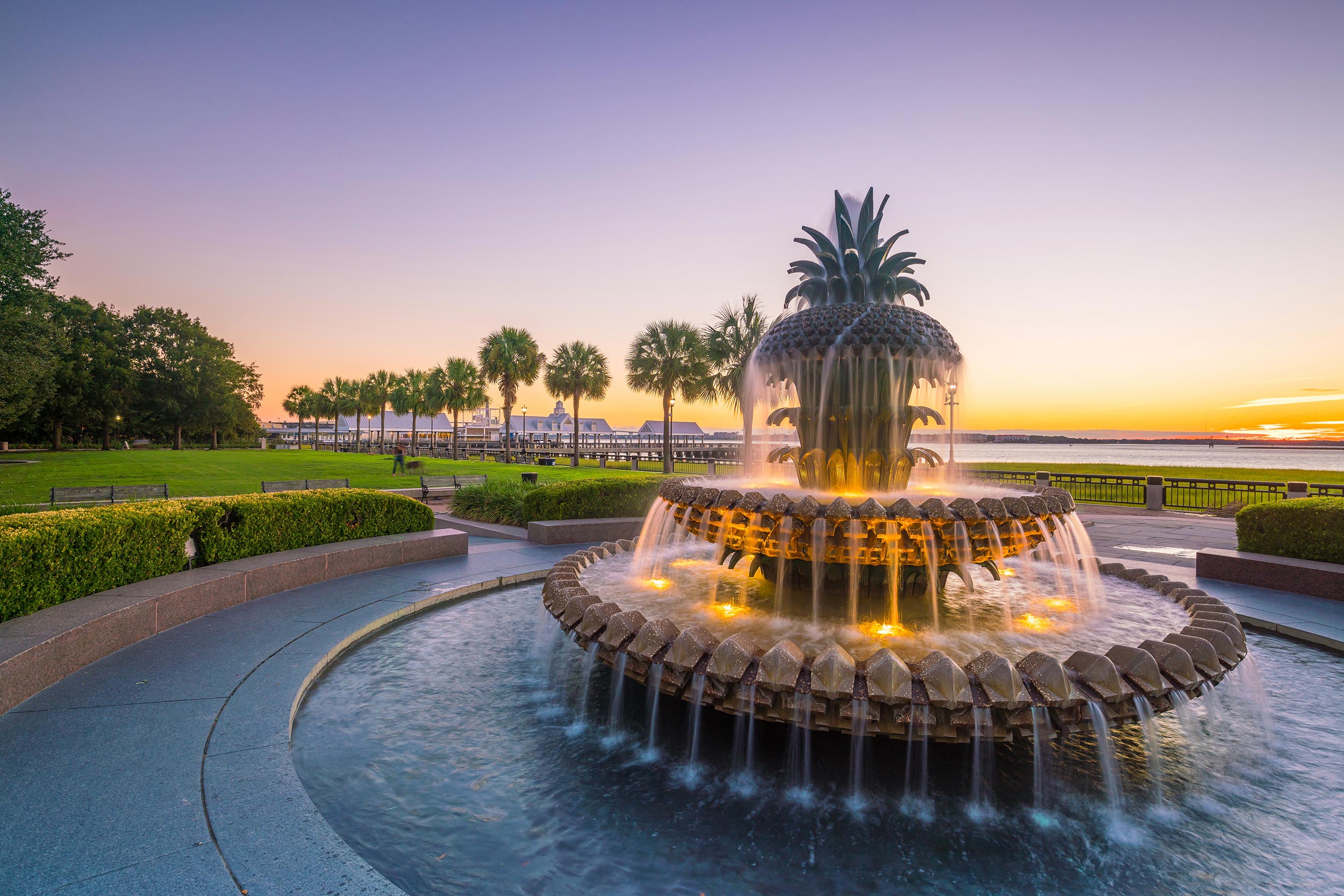 Charleston pineapple fountain and waterfront in summer