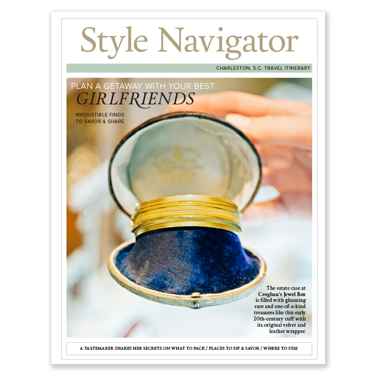 A vintage gold bracelet in the estate jewelry case at Croghan A travel guide filled with insider tips for the best Made in Charleston products.