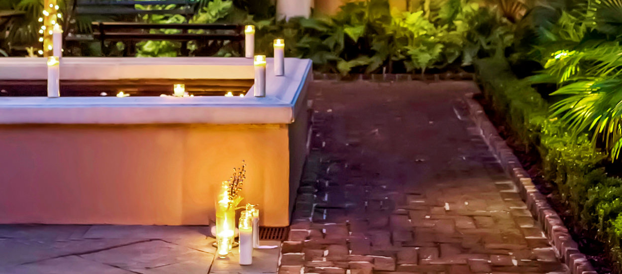 Romantic Charleston Hotel Garden at night at our South Carolina hotel