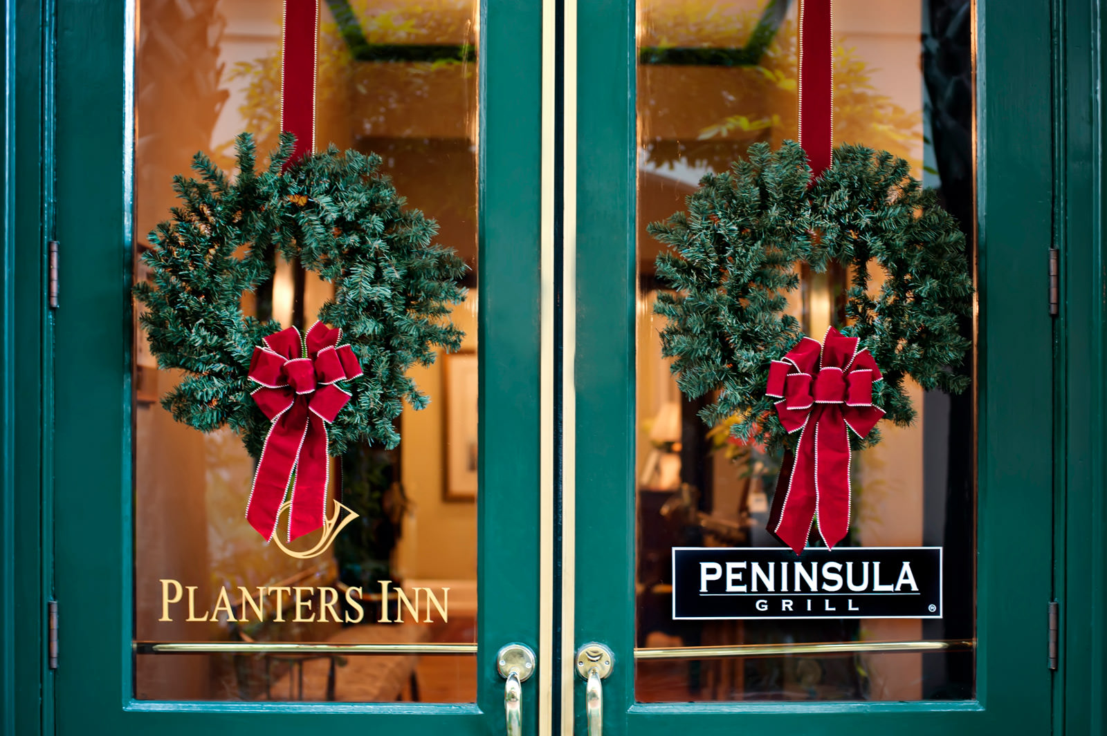 Christmas Wreaths on the Planters Inn doors